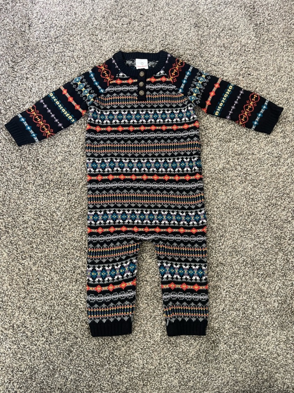 Infant Baby Hanna Andersson Fair Isle Knit Sweater Romper Black Sz 80 18-24m